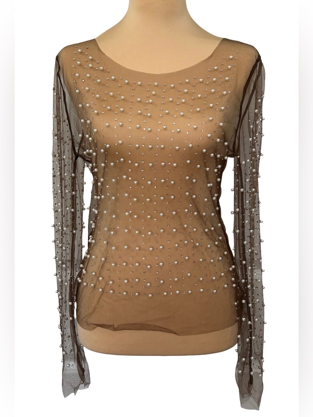Womens M Brown Sheer Mesh Top Pearl Rhinestone Embellished Y2K Going Out Party - Picture 2 of 13